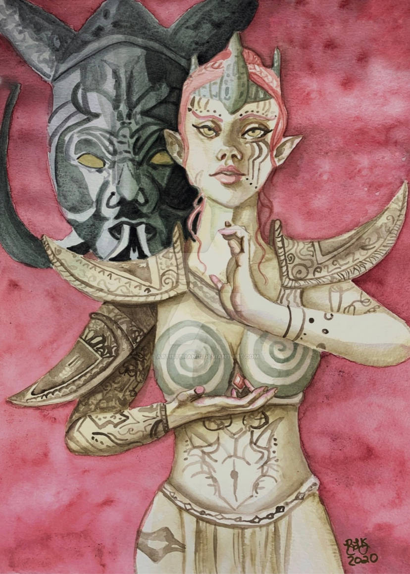 1girl, almalexia, almalexia's_mask, arm_tattoo, armor, artistbrandi, bird, boobplate