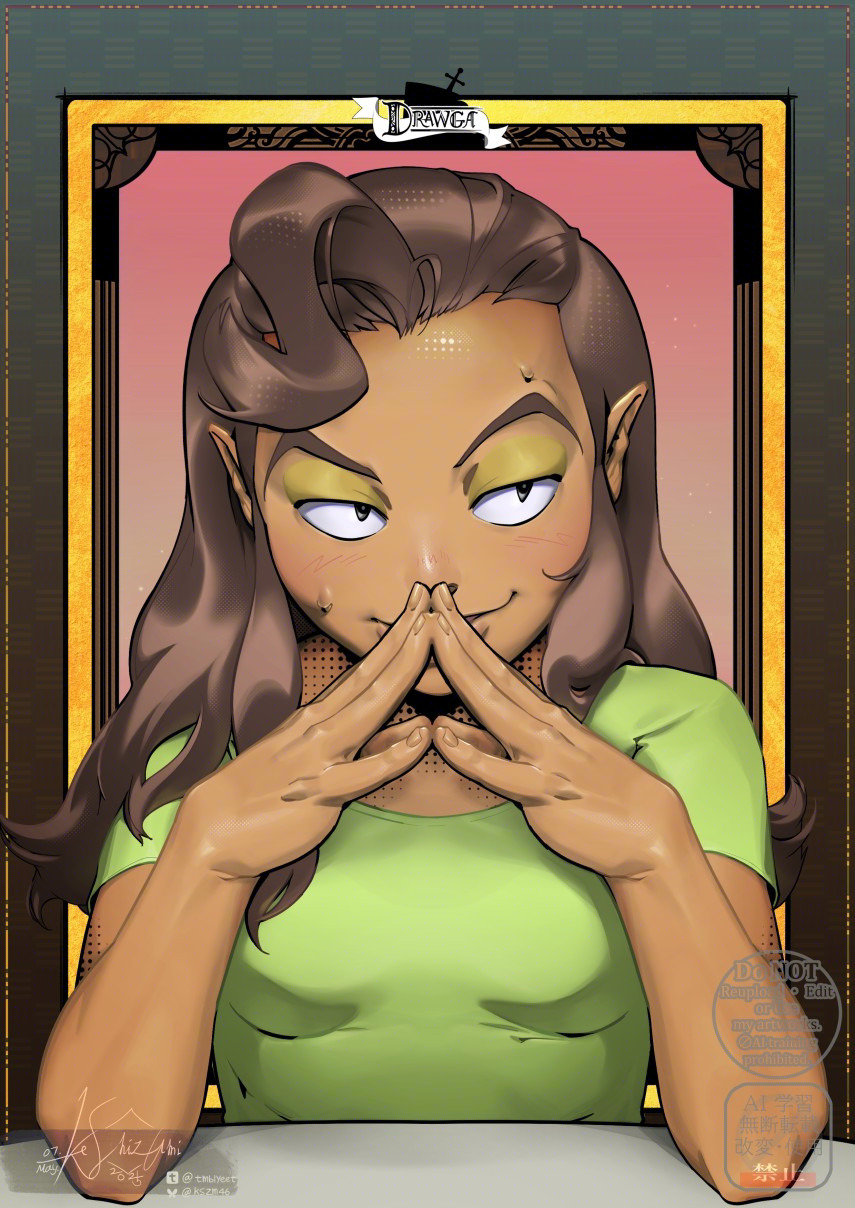 1girl, blush, breasts, brown_hair, dark-skinned_female, dark_skin, drawga, eyeshadow