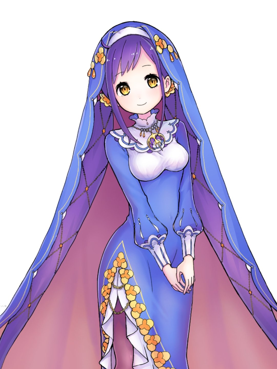 1girl, 4sum4oi4, ahoge, blue_dress, breasts, dress, flower, highres, jewelry, long_hair, long_sleeves, looking_at_viewer, medium_breasts, melty_pristis, necklace, nun, own_hands_together, pantyhose, puffy_long_sleeves, puffy_sleeves, purple_hair, re:zero_kara_hajimeru_isekai_seikatsu, side_slit, simple_background, smile, solo, standing, veil, very_long_hair, white_background, yellow_eyes