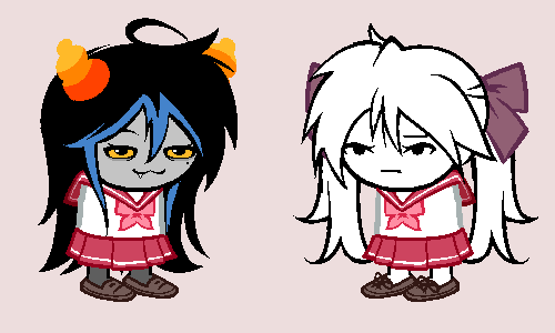 2girls, andrew_hussie_(style), black_hair, colored_sclera, colored_skin, fang, grey_skin, hiiragi_kagami
