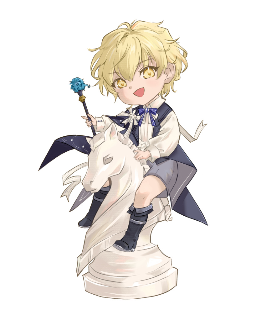 1boy, absurdres, anabellnordin, black_boots, blonde_hair, blue_bow, blue_bowtie, blue_gem
