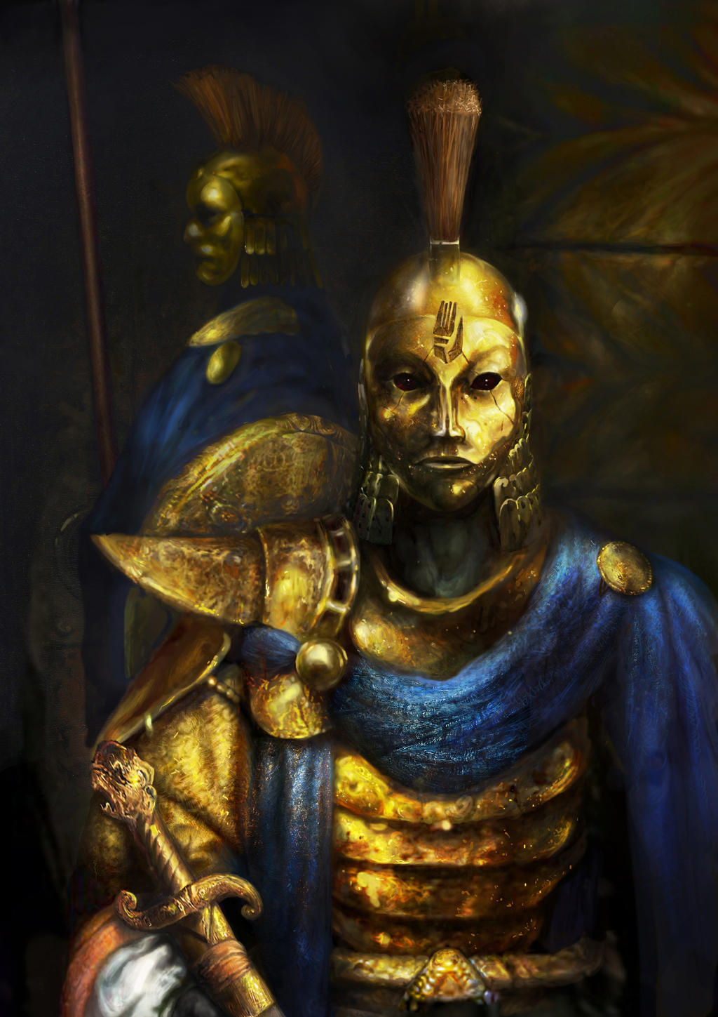 2boys, armor, blue_cape, blue_scarf, cape, commentary, dagger, dunmer, english_commentary, facing_viewer, from_side, gold_armor, highres, holding, holding_polearm, holding_weapon, igorlevchenko-blog, indoors, knife, male_focus, mohawk, multiple_boys, ordinator_armor, ordinator_guard, ordinator_helmet, painterly, painting_(medium), polearm, red_eyes, scarf, shoulder_armor, the_elder_scrolls, the_elder_scrolls_iii:_morrowind, traditional_media, weapon