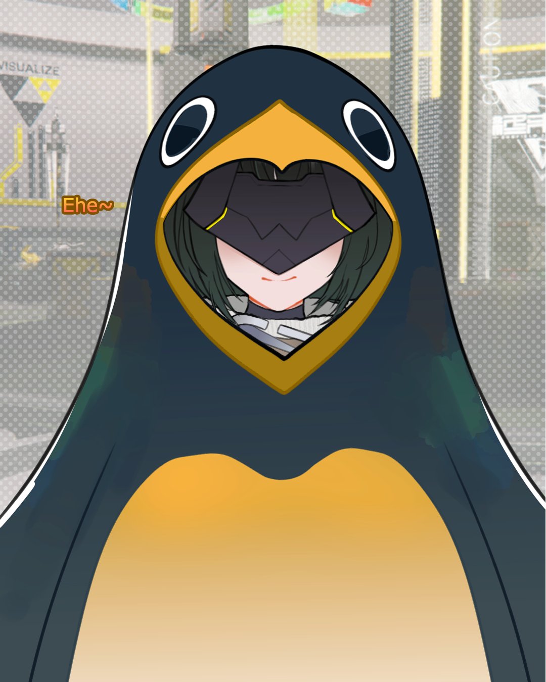 1girl, animal_costume, arknights, arknights:_endfield, bakuuhatsu, black_hair, commentary, endministrator_(arknights), english_commentary, female_endministrator_(arknights), highres, mask, penguin_costume, smile, solo, upper_body