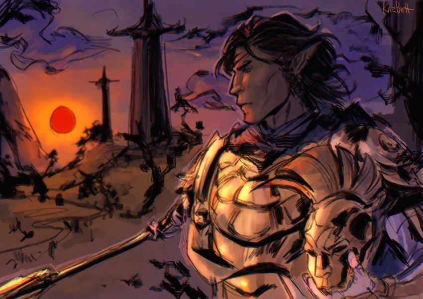 1boy, armor, artist_name, black_hair, blue_scarf, colored_skin, dunmer, from_side, gold_armor, grey_skin, grey_sky, helmet, highres, hill, holding, holding_unworn_helmet, kaz-butt, looking_to_the_side, mohawk, ordinator_armor, ordinator_guard, ordinator_helmet, outdoors, pointy_ears, red_eyes, scarf, sketch, sky, sun, the_elder_scrolls, the_elder_scrolls_iii:_morrowind, unworn_headwear, unworn_helmet, upper_body