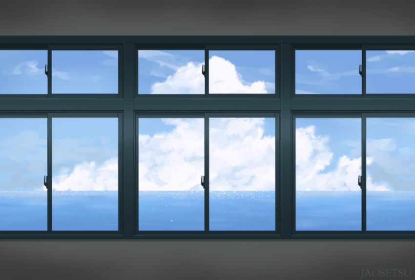 artist_name, blue_sky, clouds, cloudy_sky, commentary_request, horizon, indoors, jaosetsu, no_humans, ocean, original, scenery, sky, watermark, window