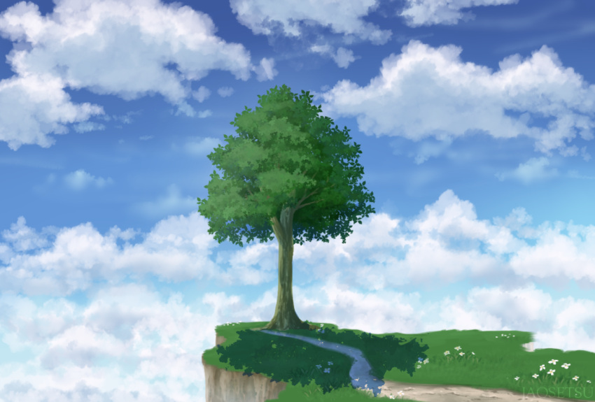 artist_name, blue_sky, cliff, clouds, cloudy_sky, commentary_request, day, flower, grass, jaosetsu, meadow, no_humans, original, outdoors, path, shade, sky, tree, watermark, white_flower