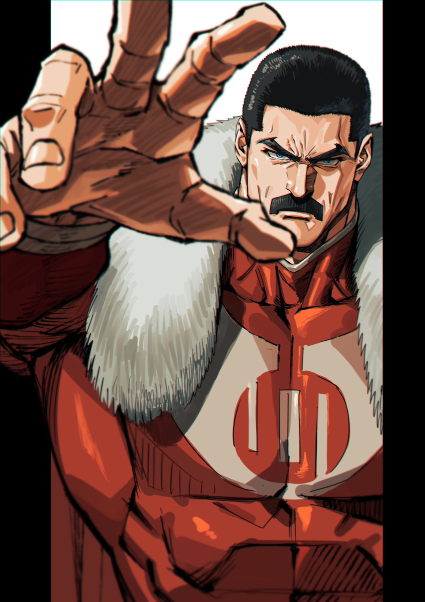 1boy, black_hair, blue_eyes, cape, chromatic_aberration, commentary_request, facial_hair, frown
