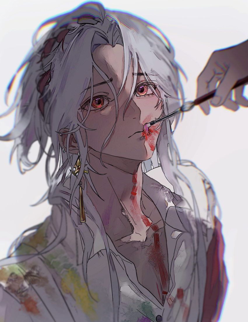 1boy, 1other, absurdres, anil_(reverse:1999), dark-skinned_male, dark_skin, donggan_maotiao, earrings, grey_background, highres, holding, holding_paintbrush, jewelry, long_hair, looking_at_viewer, looking_up, male_focus, paint_on_body, paint_on_clothes, paint_splatter, paint_splatter_on_face, paintbrush, reverse:1999, shirt, solo_focus, upper_body, white_hair, white_shirt