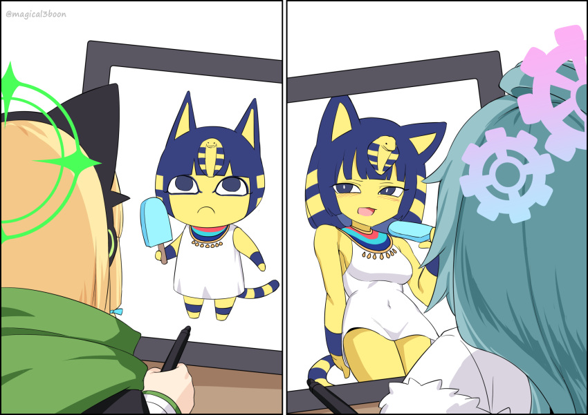 2girls, ahoge, ancient_egyptian_clothes, animal_crossing, animal_ear_headphones, animal_ears, ankha_(animal_crossing), blonde_hair