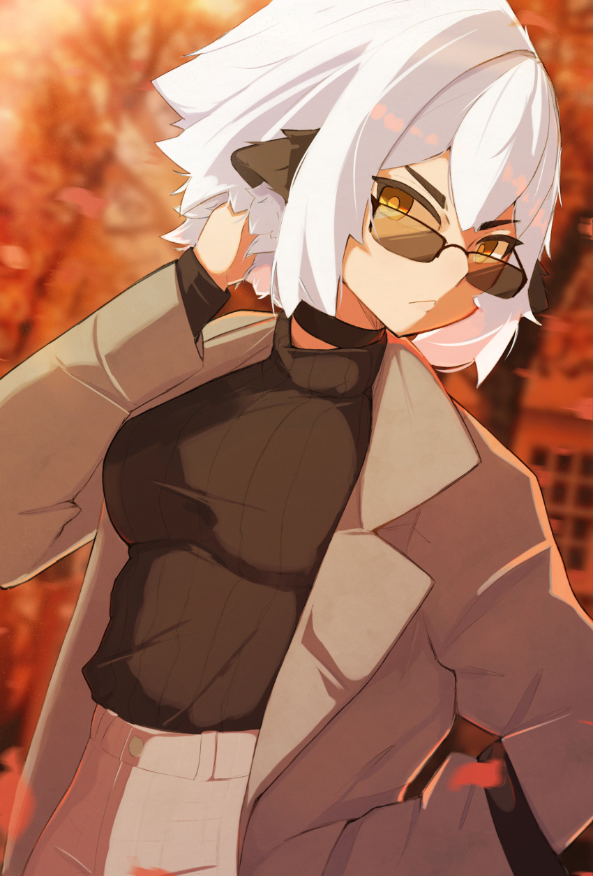 1girl, absurdres, adjusting_hair, animal_ear_fluff, animal_ears, background_request, black_choker, blurry