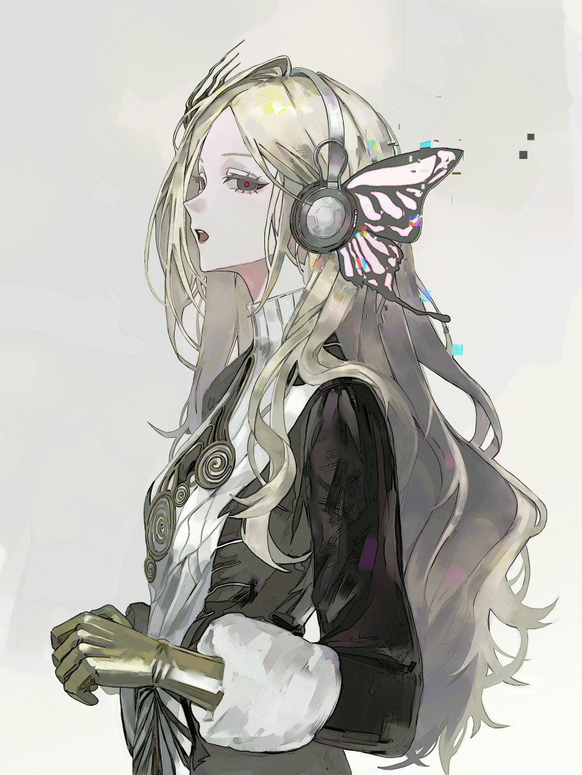 1girl, absurdres, black_dress, butterfly_hair_ornament, donggan_maotiao, dress, from_side, glitch