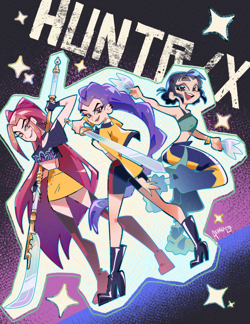 3girls, absurdres, akaiguarts, black_boots, black_choker, black_hair, boots, camisole