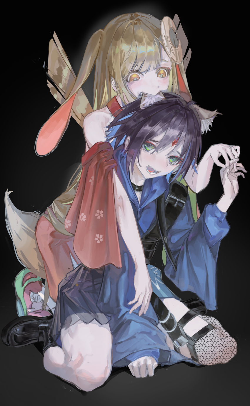 2girls, absurdres, animal_ears, biting, biting_ear, black_choker, blonde_hair, blue_kimono