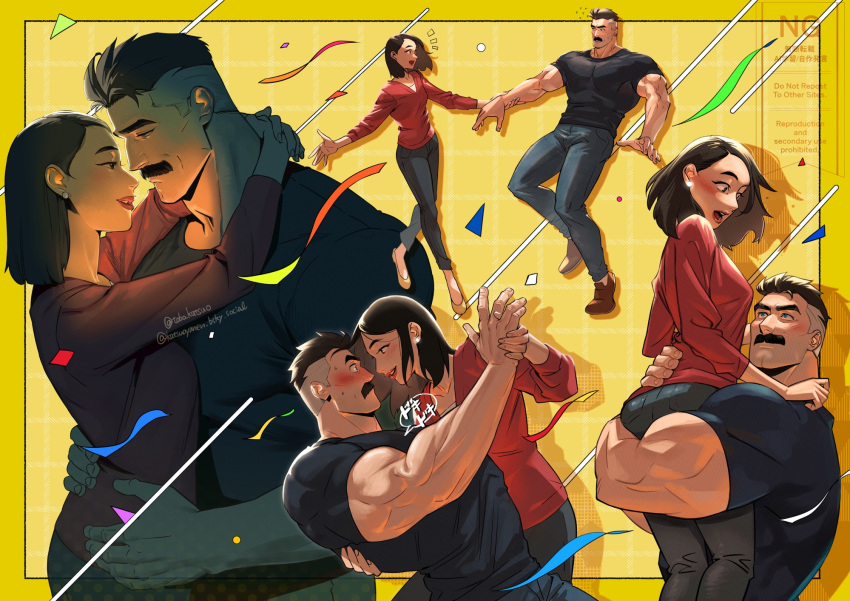 1boy, 1girl, arms_around_neck, assertive_female, black_eyes, black_hair, black_pants, blue_eyes