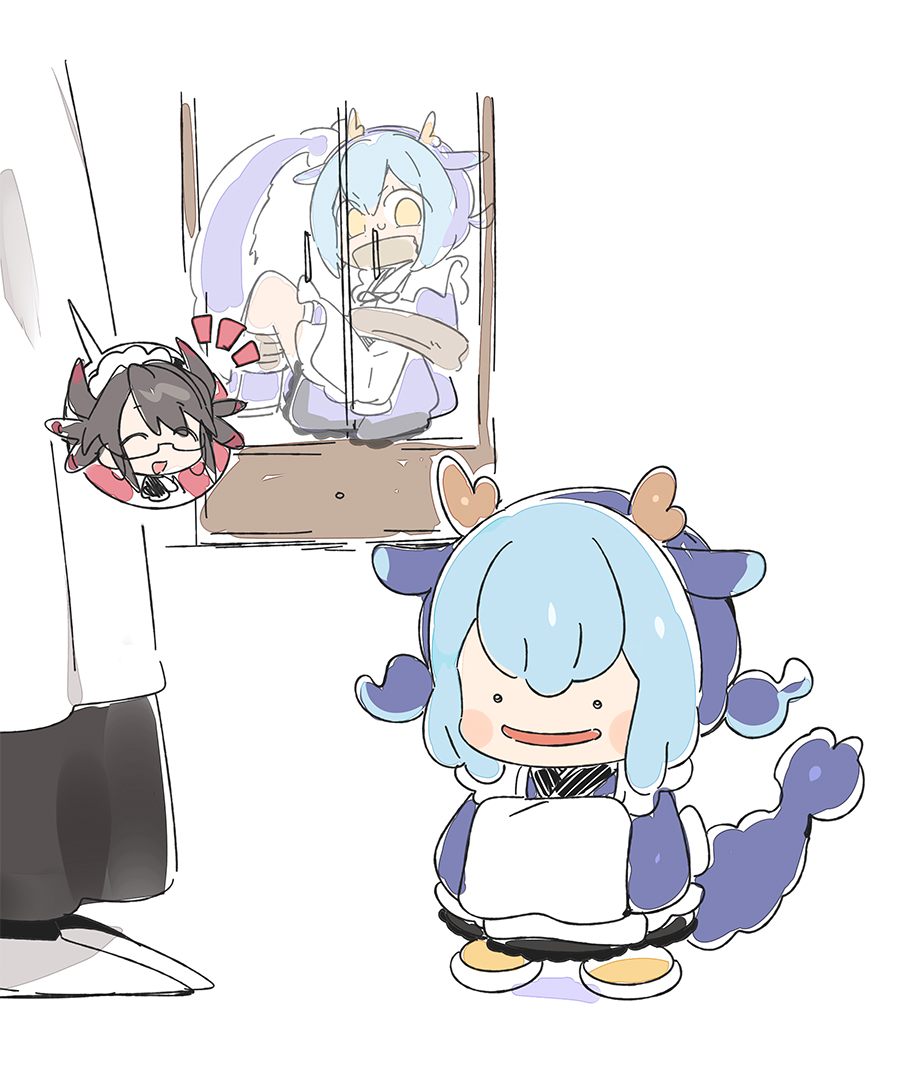 1other, 2girls, 3_ma_me, apron, bdsm, blue_hair, blue_kimono, bondage
