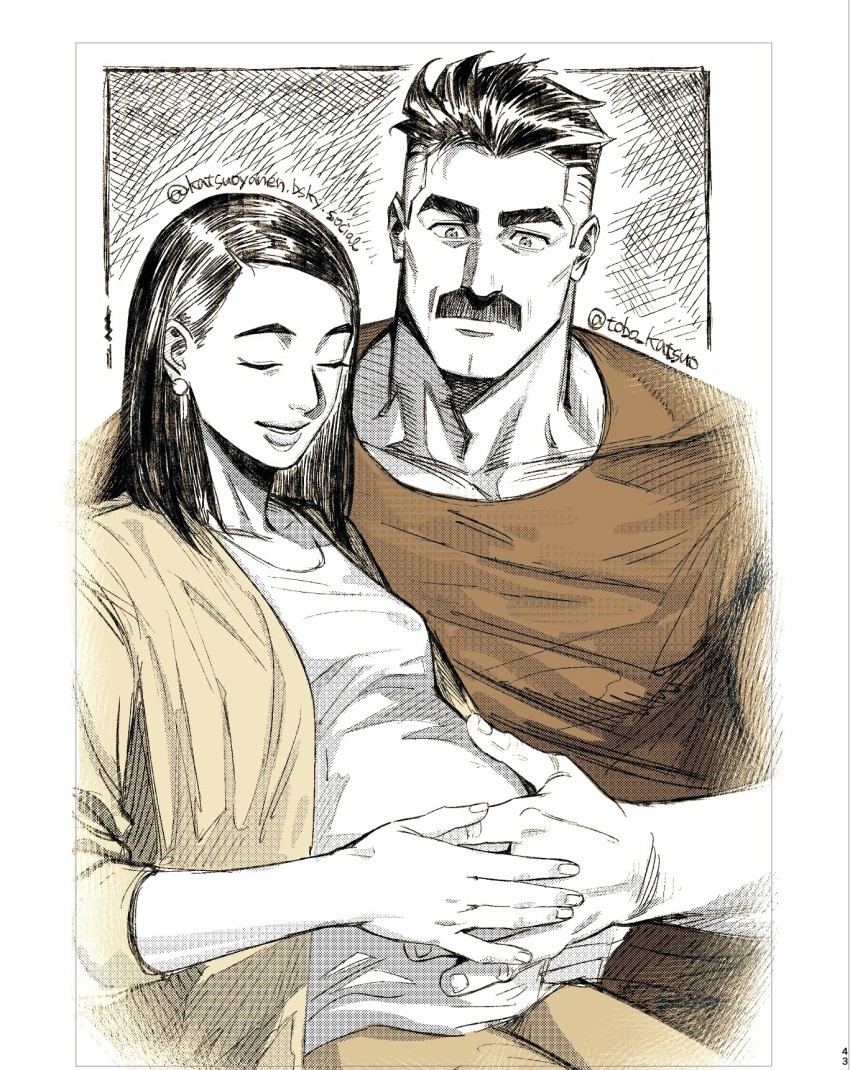 1boy, 1girl, bluesky_username, closed_eyes, commentary_request, debbie_grayson, earrings, facial_hair