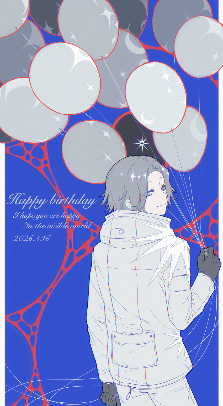 1boy, absurdres, aotsuki_eito, balloon, black_gloves, blue_background, chi_bu92189, chinese_commentary