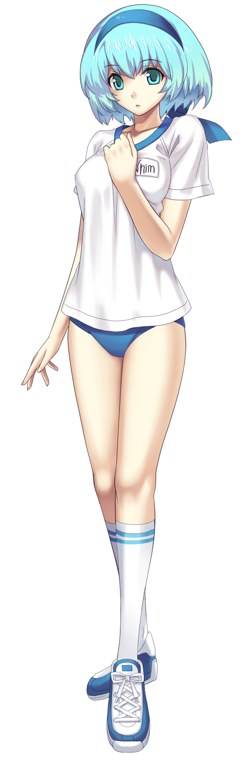 aqua_eyes, blue_hair, buruma, cross_edge, footwear, gust, gym_uniform, highres, hirano_katsuyuki, kneehighs, mana_khemia, mana_khemia_2, official_art, shoes, simple_background, sneakers, socks, standing, watermark, wuim