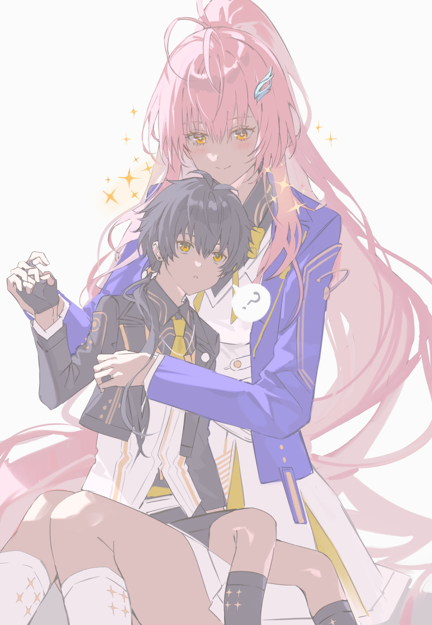 1boy, 1girl, ?, absurdres, adoptive_parent_and_adoptive_child, aemeath_(wuthering_waves), black_gloves, black_hair