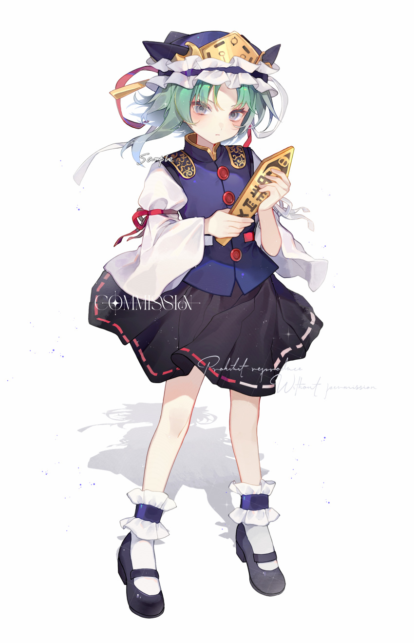 1girl, absurdres, asymmetrical_hair, black_shoes, black_skirt, blue_hat, blue_vest, buttons