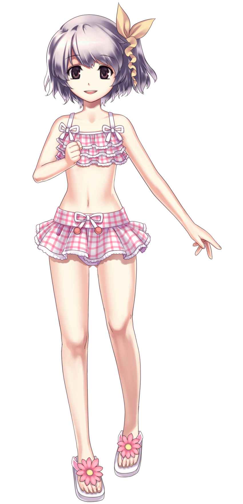 bikini, brown_eyes, cross_edge, flower, frilled_bikini, frills, grey_hair, highres, hirano_katsuyuki, may_(cross_edge), navel, official_art, sandals, short_hair, simple_background, solo, swimsuit, toes
