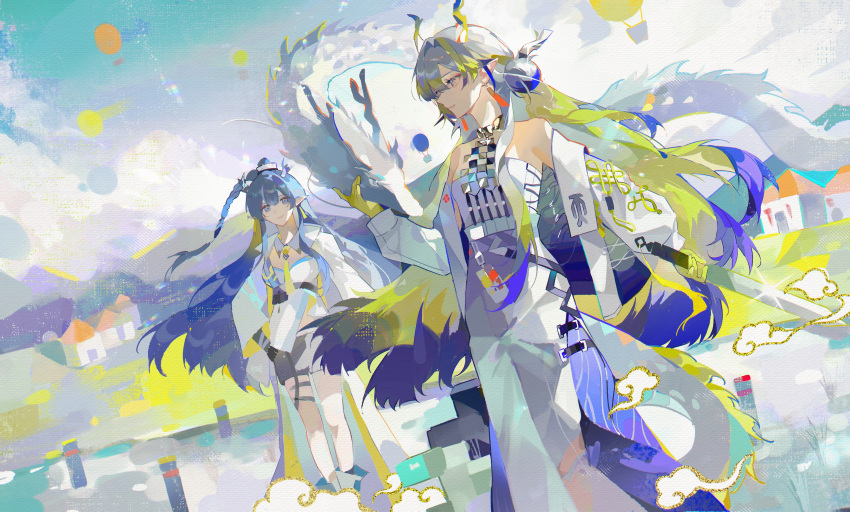 2girls, absurdres, arknights, bare_shoulders, black_shorts, blue_eyes, blue_hair, breasts, chinese_commentary, closed_mouth, clouds, cloudy_sky, colored_extremities, commentary_request, dragon, dragon_girl, dragon_horns, dragon_tail, earrings, green_hair, highres, holding, horns, jacket, jewelry, ling_(arknights), multicolored_hair, multiple_girls, open_clothes, open_jacket, outdoors, pants, pointy_ears, shoes, shorts, shu_(arknights), siblings, sisters, sky, smile, standing, tail, water, white_hair, white_jacket, white_pants, xiya_(_xiyaa_)