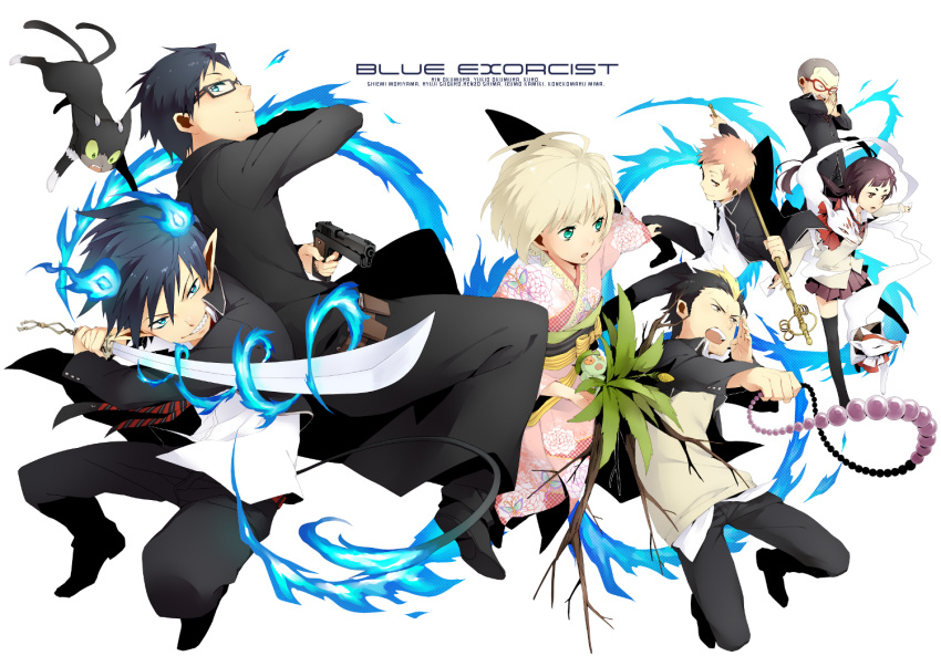 black_hair, blacky, blonde_hair, blue_eyes, blue_fire, byakko_(ao_no_exorcist), cat, fire