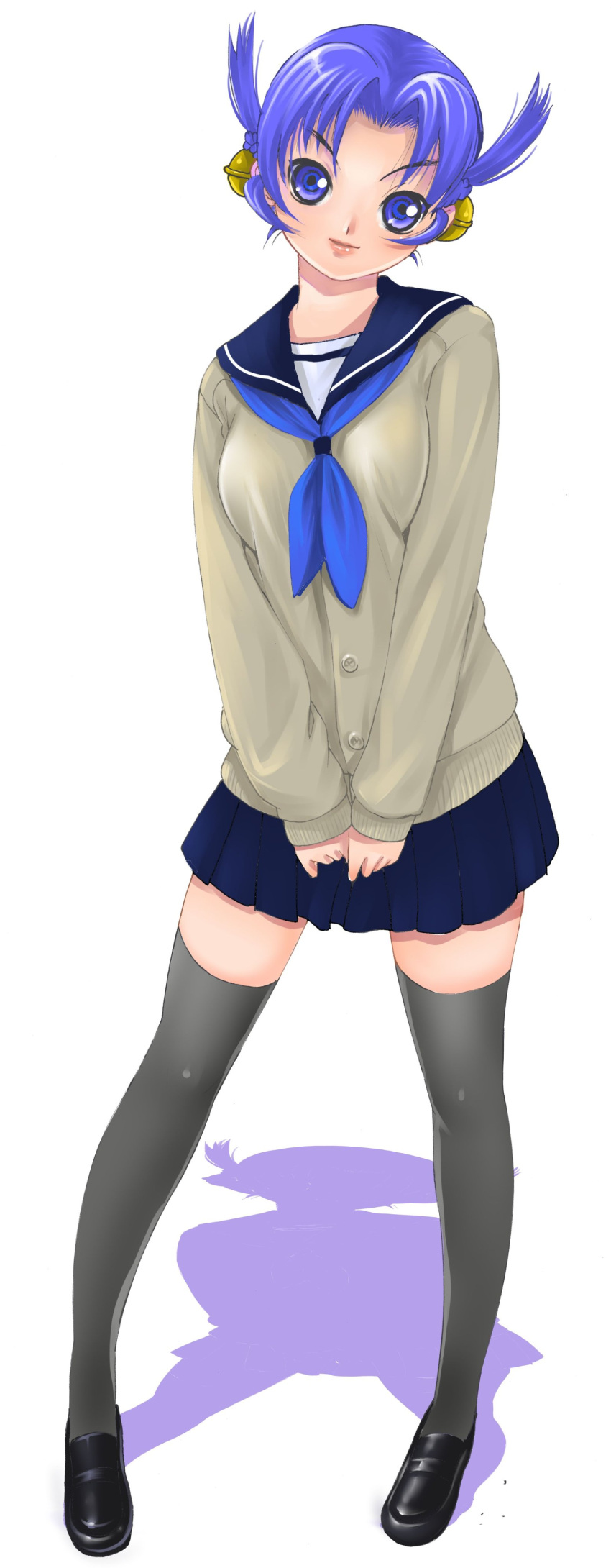 1girl, absurdres, bell, black_pantyhose, black_shoes, blue_neckerchief, blue_sailor_collar, blue_skirt