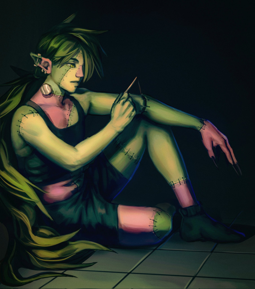 1other, androgynous, barbell_piercing, claws, colored_skin, commentary, crop_top, drawfee