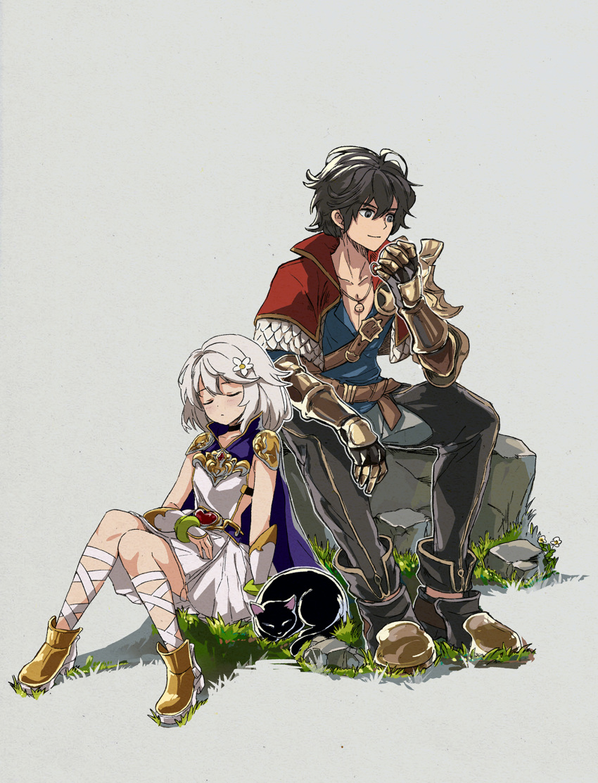 1boy, 1girl, aldo_(another_eden), another_eden, armor, bangle, belt, black_boots