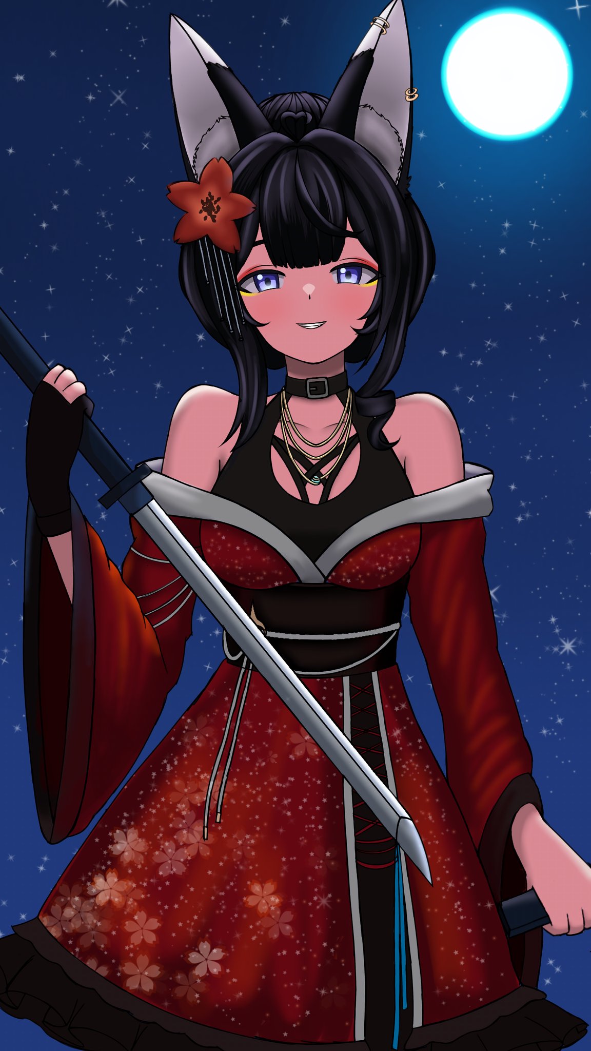 1girl, animal_ear_fluff, animal_ears, bare_shoulders, blue_eyes, dress, eeiris_zuro, eeiris_zuro_(chinese_new_year_2026), flower, fox_girl, frills, hair_flower, hair_ornament, highres, holding, holding_sword, holding_weapon, indie_virtual_youtuber, japanese_clothes, katana, kimono, kochimizuki, looking_at_viewer, obi, red_kimono, sash, short_hair, solo, sword, virtual_youtuber, weapon, wide_sleeves