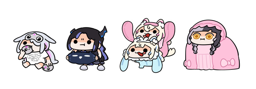 5girls, :t, absurdres, animal_ears, asymmetrical_horns, black_hair, blonde_hair, blue_hair