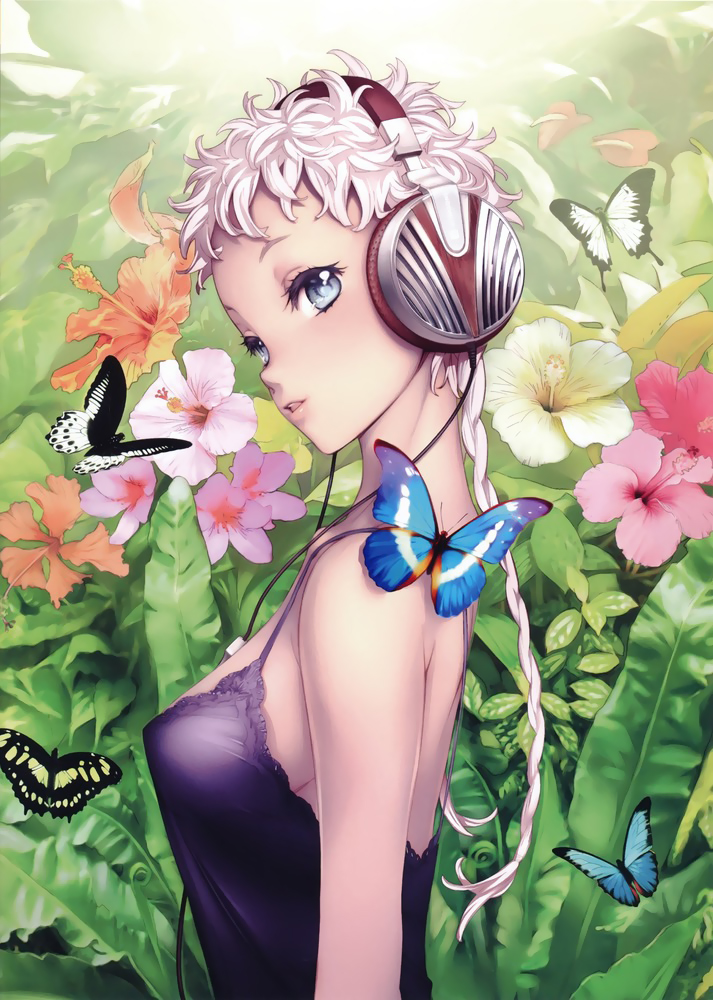 braid, butterfly, flower, headphones, long_hair, nishieda, solo, ultrasone