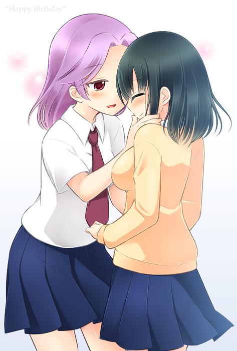 black_hair, blush, cardigan, chabacha, hand_on_another's_face, hand_on_face, kajiki_yumi, multiple_girls