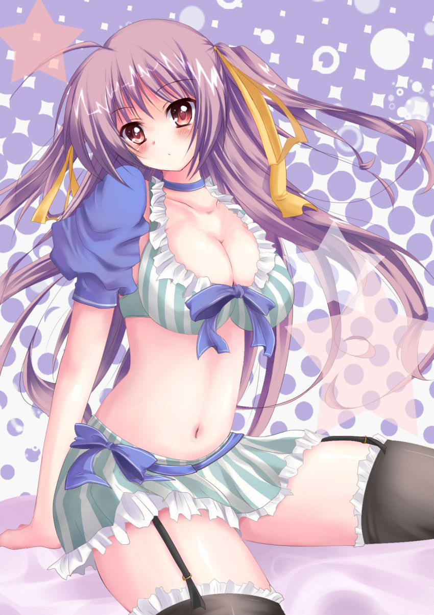 arm_support, black_legwear, blush, bow, breasts, brown_eyes, choker, cleavage