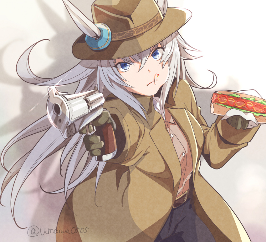 1girl, animal_ears, belt, black_pants, blue_eyes, breasts, brown_belt, brown_coat