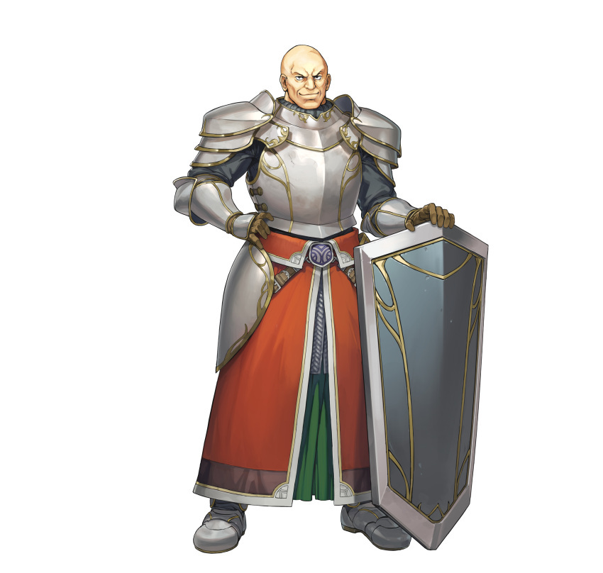 1boy, absurdres, armor, bald, boots, breastplate, brown_gloves, closed_mouth