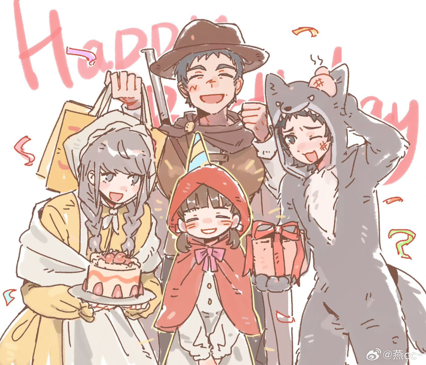 1girl, 3boys, adachi_tooru, animal_costume, arm_behind_back, black_hair, braid, brown_hat