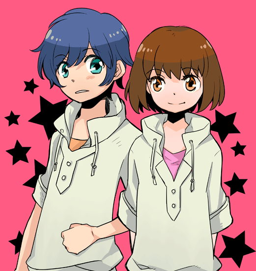 blue_eyes, blue_hair, blush, brown_eyes, brown_hair, male, mawaru_penguindrum, oginome_ringo