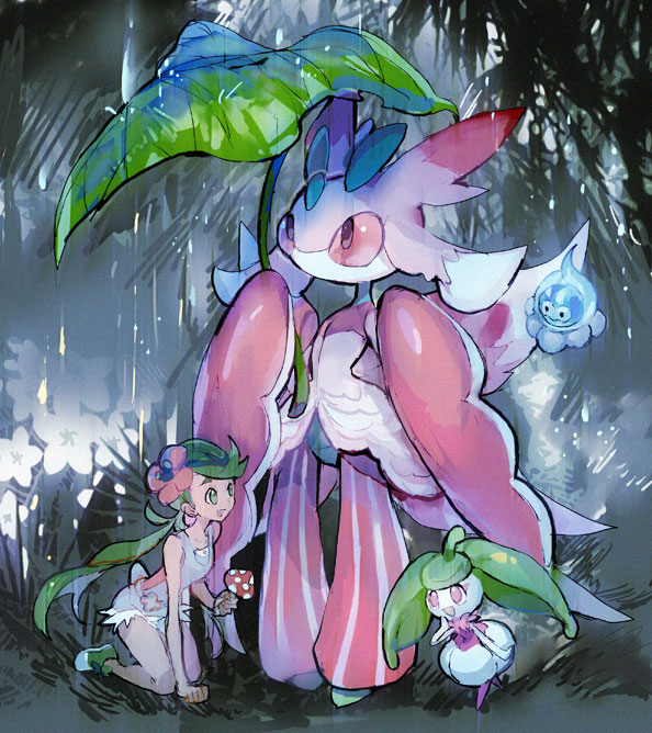1girl, big_mushroom_(pokemon), castform, castform_(rainy), commentary_request, floating, flower, green_eyes