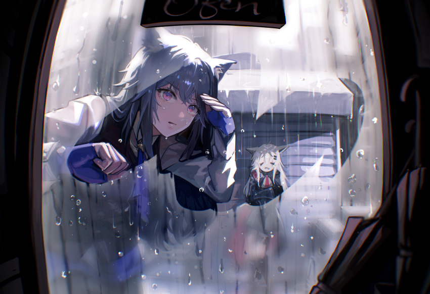 2girls, animal_ear_fluff, animal_ears, arknights, blue_gloves, blue_hair, chibi, commentary