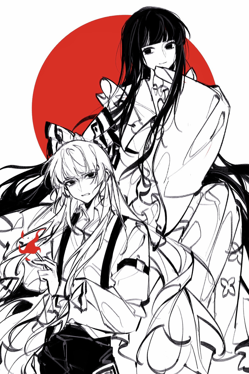 2girls, abaabaaba93812, arm_up, black_eyes, black_hair, black_pants, blunt_bangs, bow