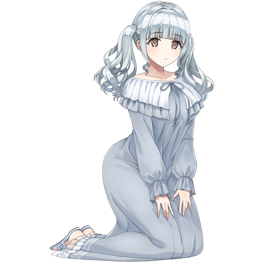 1girl, :o, blunt_bangs, breasts, brown_eyes, dolphin_wave, full_body, game_cg