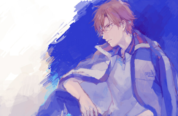 brown_hair, glasses, lupicam, male, short_hair, solo, tennis_no_ouji-sama, tennis_no_oujisama