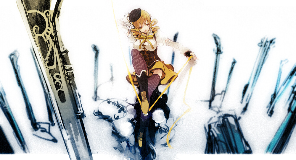 beret, blonde_hair, drill_hair, hat, lupicam, mahou_shoujo_madoka_magica, sitting, solo