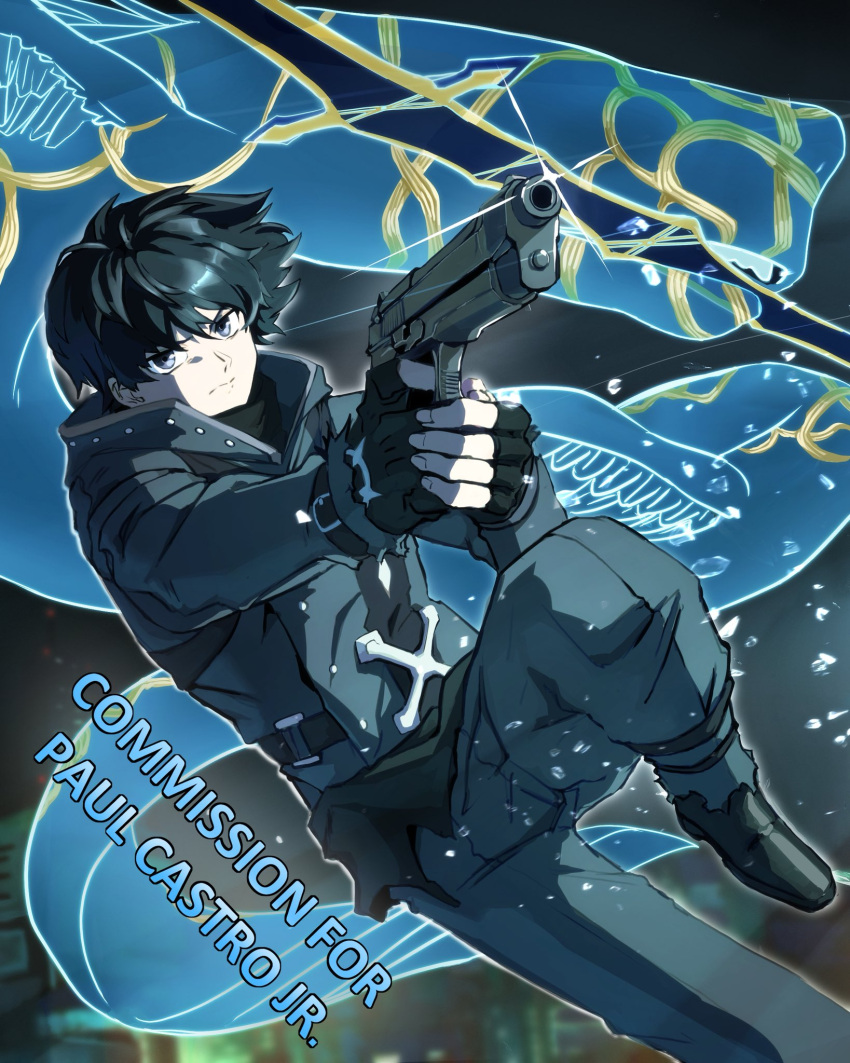 1boy, aiming, black_eyes, black_hair, black_pants, closed_mouth, commentary, commission