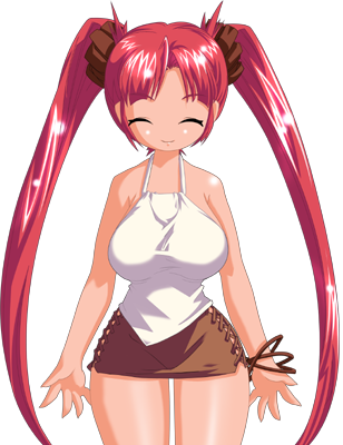 1girl, 2000s_(style), ^_^, breasts, brown_skirt, closed_eyes, closed_mouth, cowboy_shot