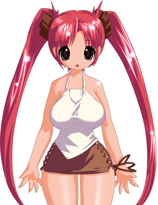 1girl, 2000s_(style), breasts, brown_eyes, brown_skirt, cowboy_shot, game_cg, halterneck