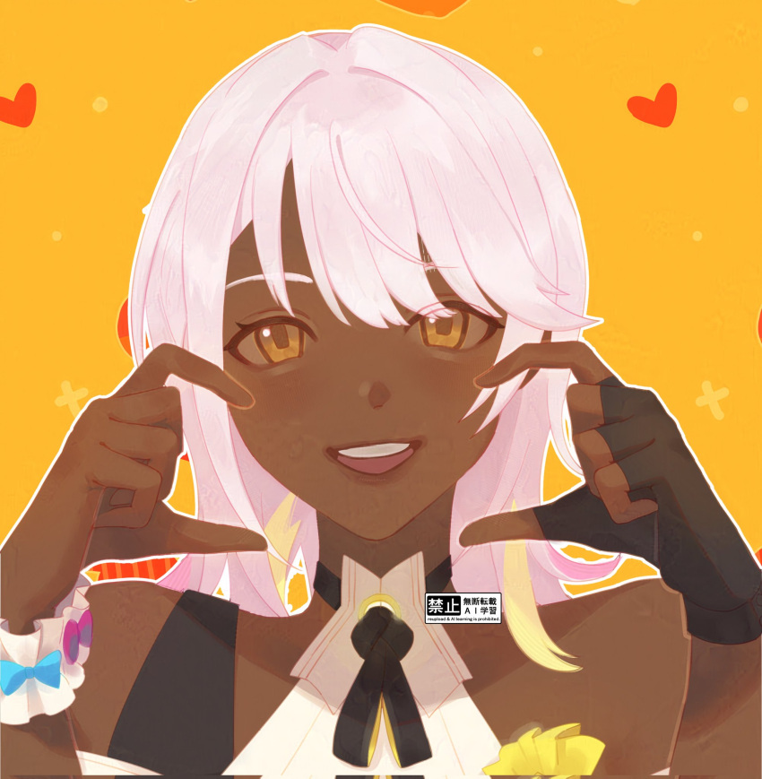 1girl, :d, black_gloves, carole_peppers, dark-skinned_female, dark_skin, english_commentary, ferventime, fingerless_gloves, gloves, heart, highres, honkai_(series), honkai_impact_3rd, looking_at_viewer, open_mouth, short_hair, single_glove, smile, solo, teeth, upper_body, upper_teeth_only, white_hair, yellow_background, yellow_eyes