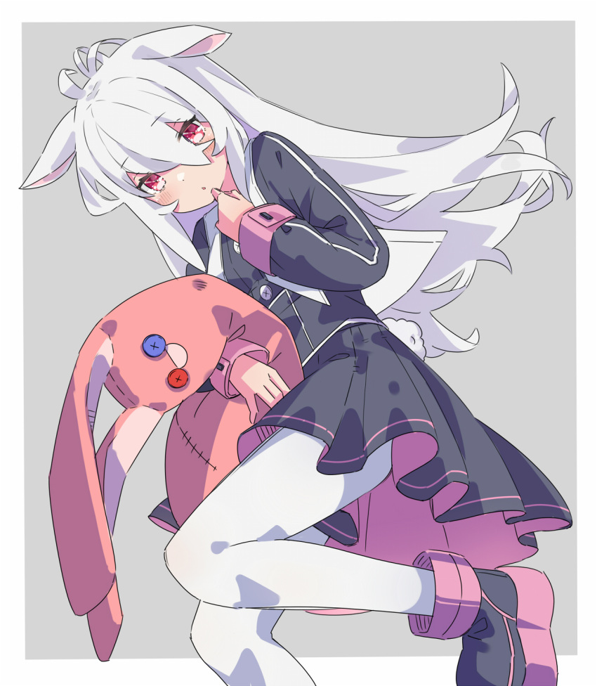 1girl, animal_ears, antenna_hair, black_boots, black_dress, blush, boots, border